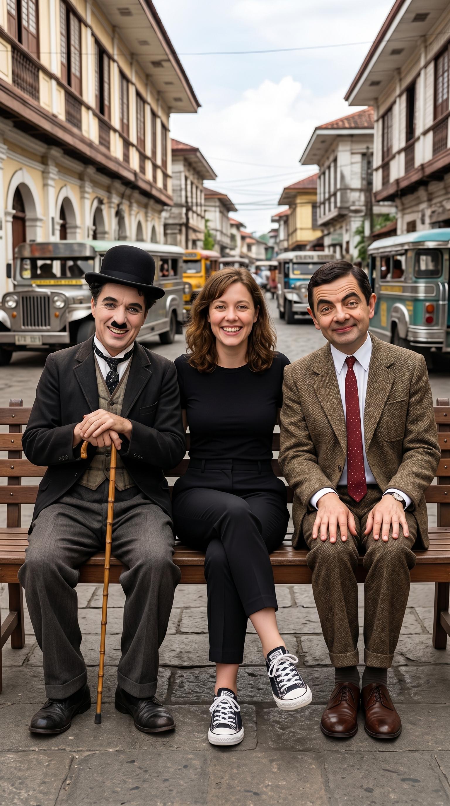 Close-up portrait of a woman in streetwear sitting on a wooden bench, alongside Chaplin and Mr. Bean in a vibrant city street.