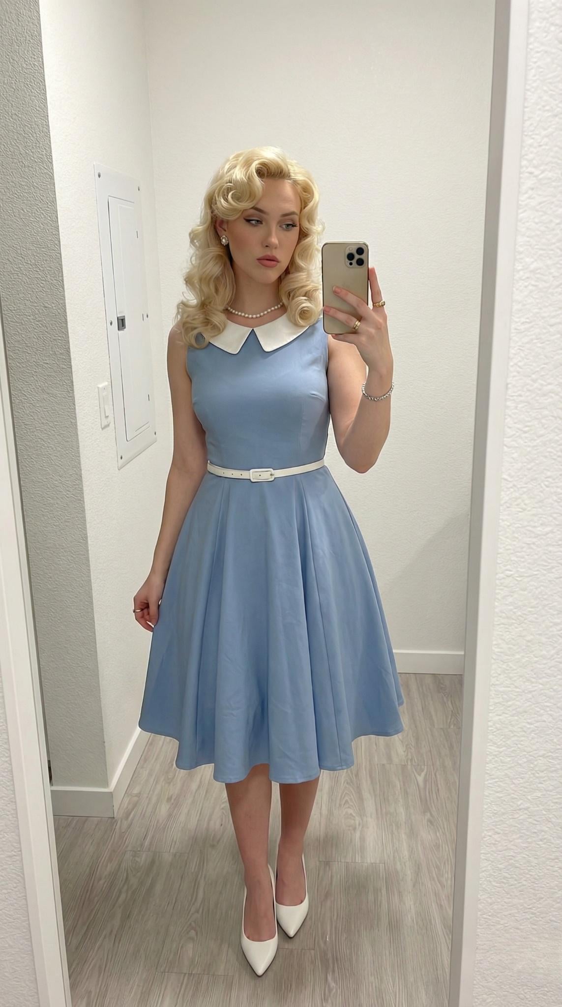Standing In Hallway Is Wearing Sleeveless Powder Blue Midi Dress reference photo