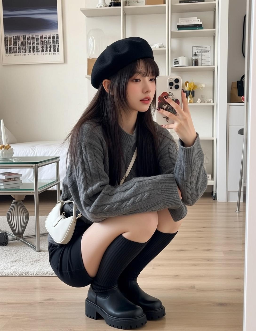 Acubi Crouching Taking Selfie Mirror Her Head reference photo