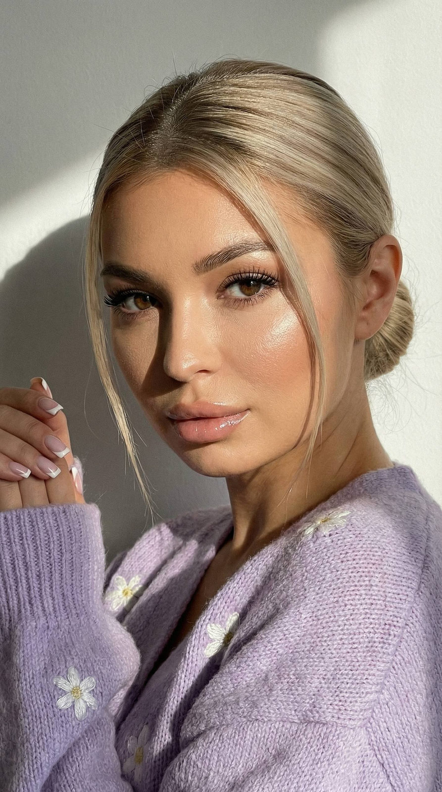 Lavender Knit Sweater Girl White Wall Sunbeams