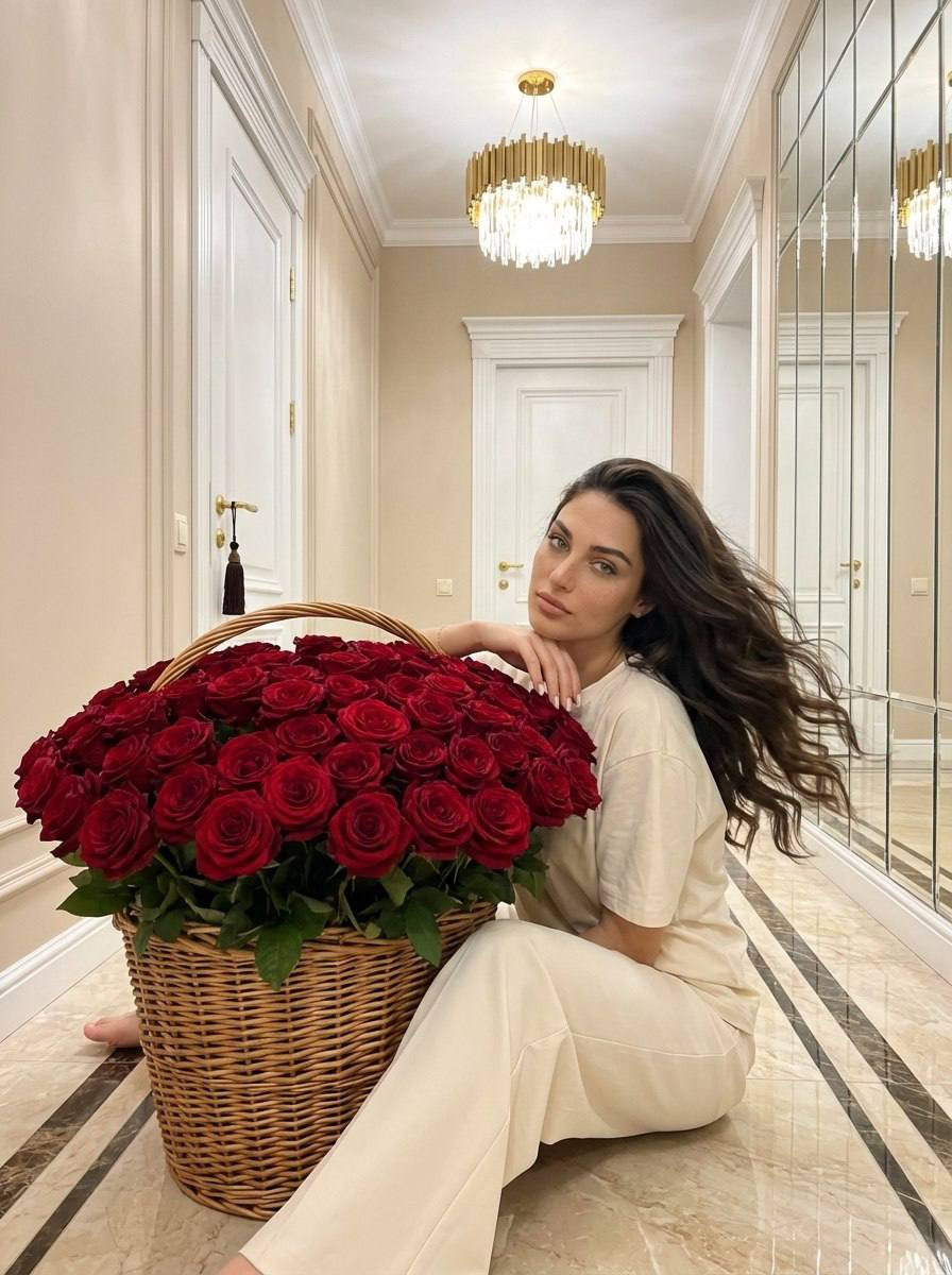 Realistic Woman Long Wavy Hair Flowers Hallway