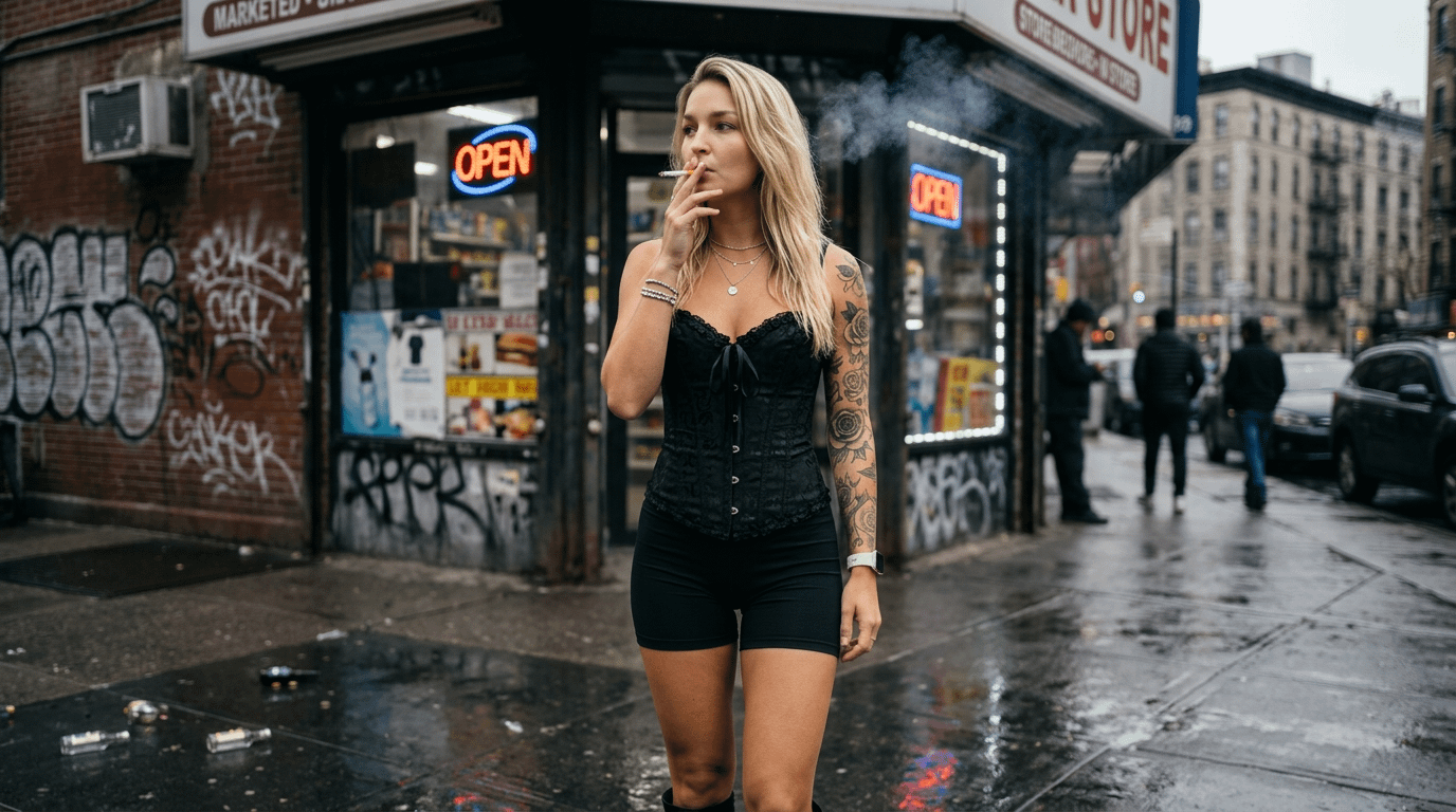 Hyperrealistic portrait of a woman smoking a cigarette outside a corner store, wearing form-fitting shorts and lace corset, with neon reflections.