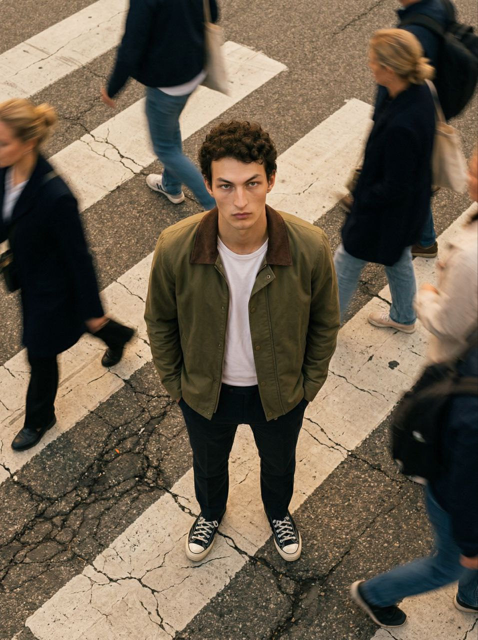 High Angle Urban Man Cracked Crossing