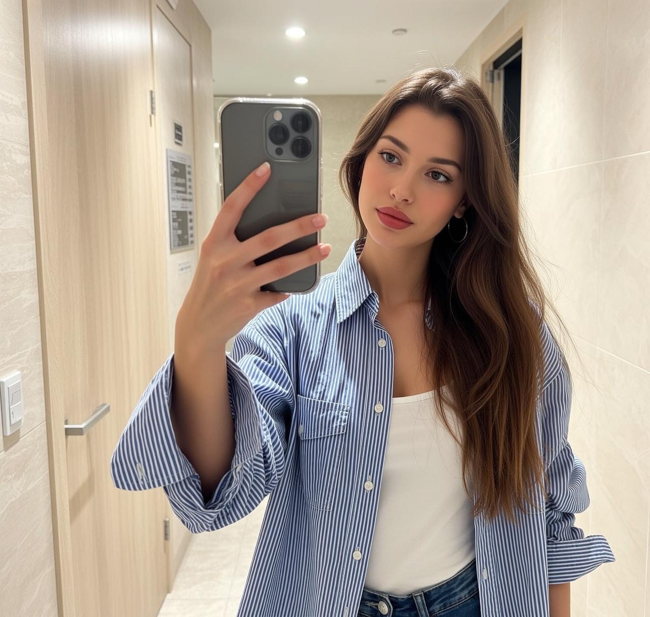Explore Taking Selfie Hallway Holding Smartphone Her reference photo