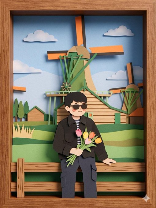 A layered paper-cut scene featuring a figure on a wooden fence holding colorful paper tulips with a Dutch landscape background.