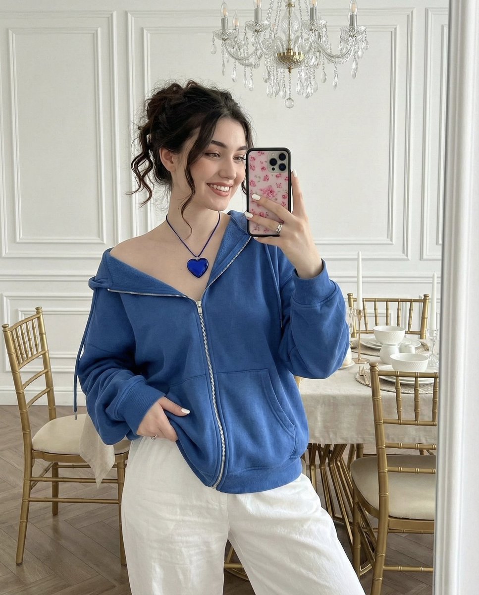A woman taking a mirror selfie in a cozy, elegant setting, wearing a blue oversized hoodie and white pants, with soft glam makeup.