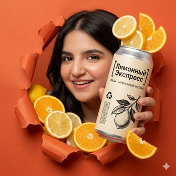A smiling woman peering through a jagged orange paper hole, holding a can with citrus fruits surrounding her.