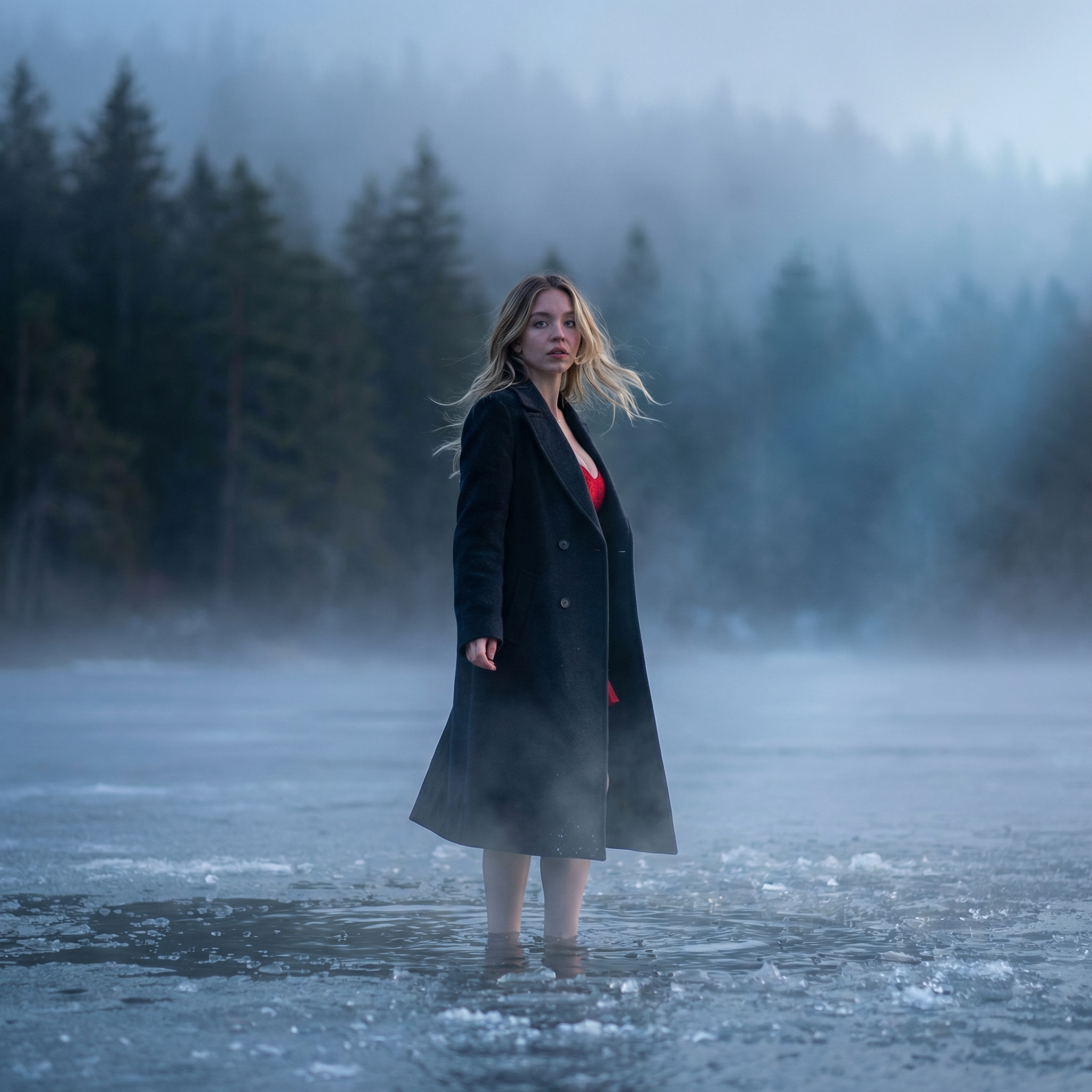 Woman Icy Lake Mist Forest