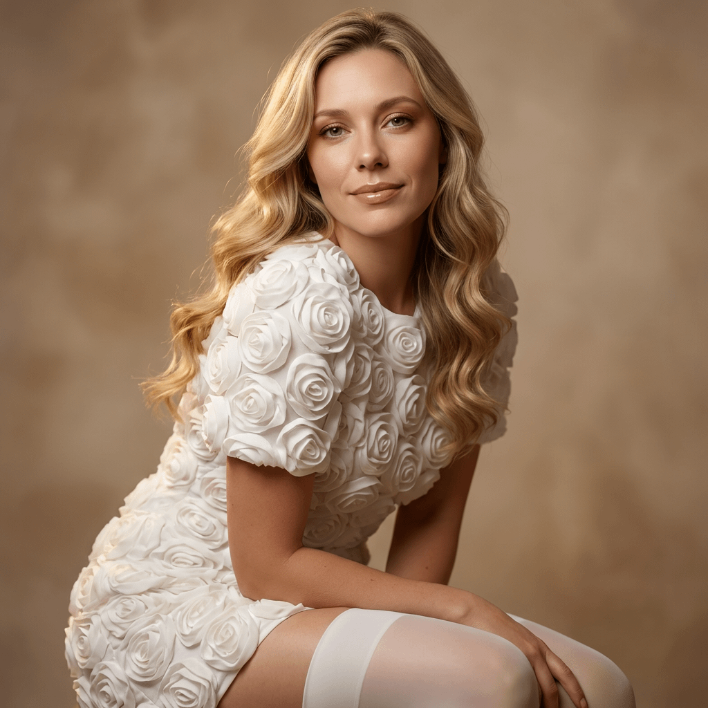 A woman surrounded by creamy white fabric roses, soft studio lighting casts gentle shadows and highlights on her skin and hair.