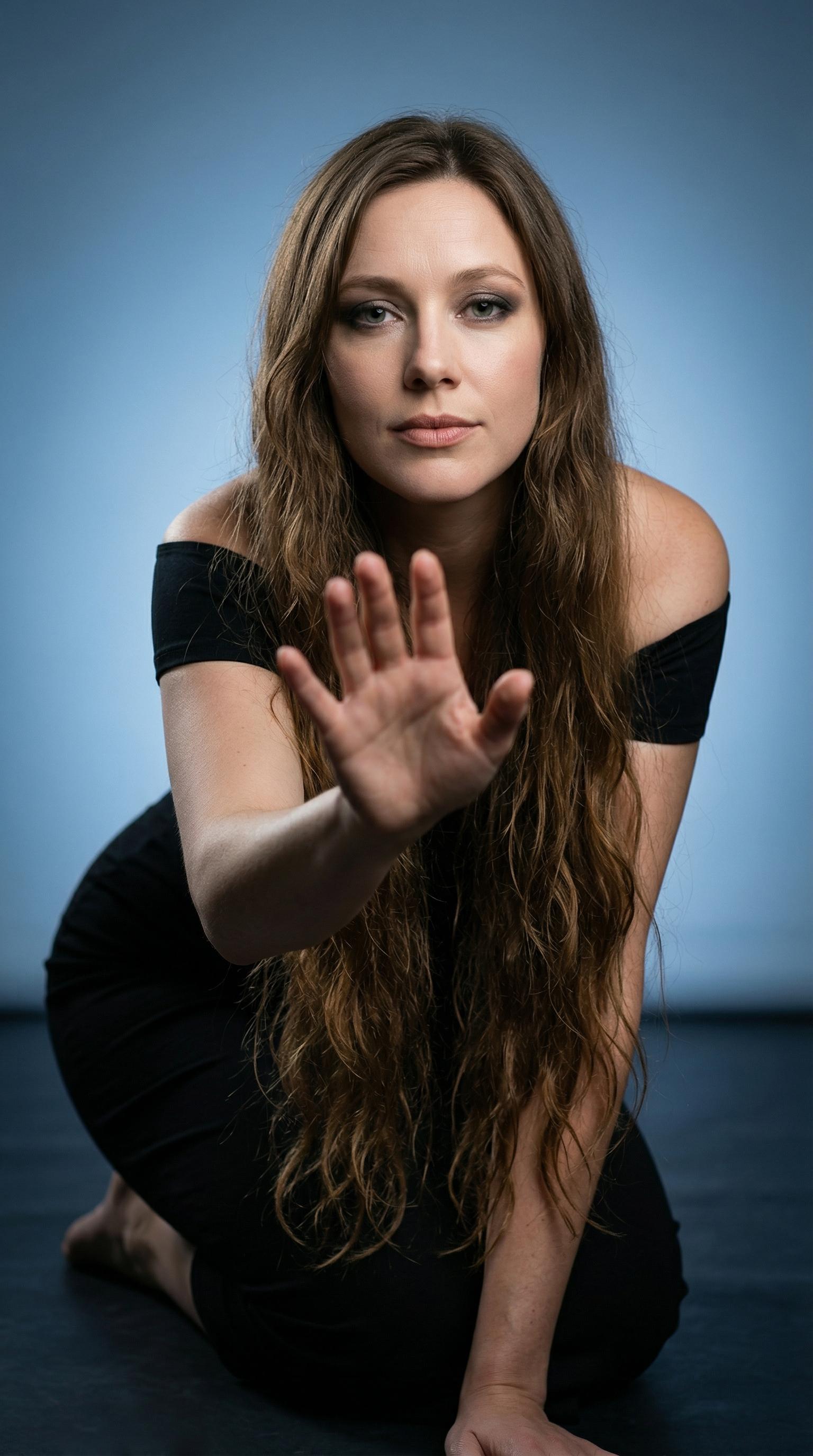 Long Wavy Hair Kneeling Elegant Expression Palm Forward