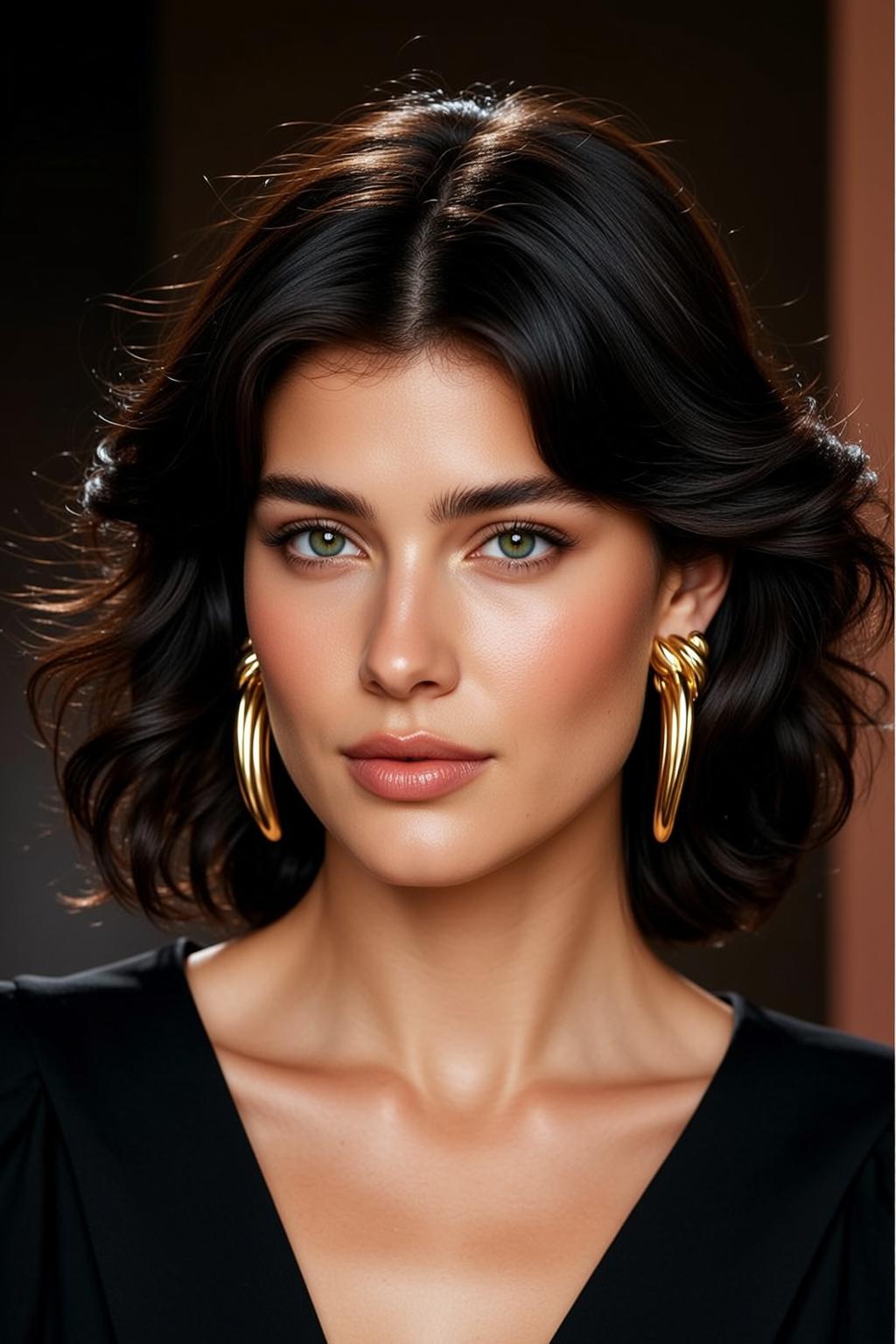 Studio Portrait Dark Hair Gold Earrings reference photo