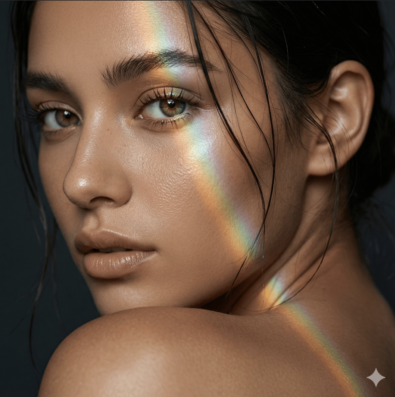Ultra-close-up beauty portrait showing half of the face with iridescent light streaks across warm bronze skin.