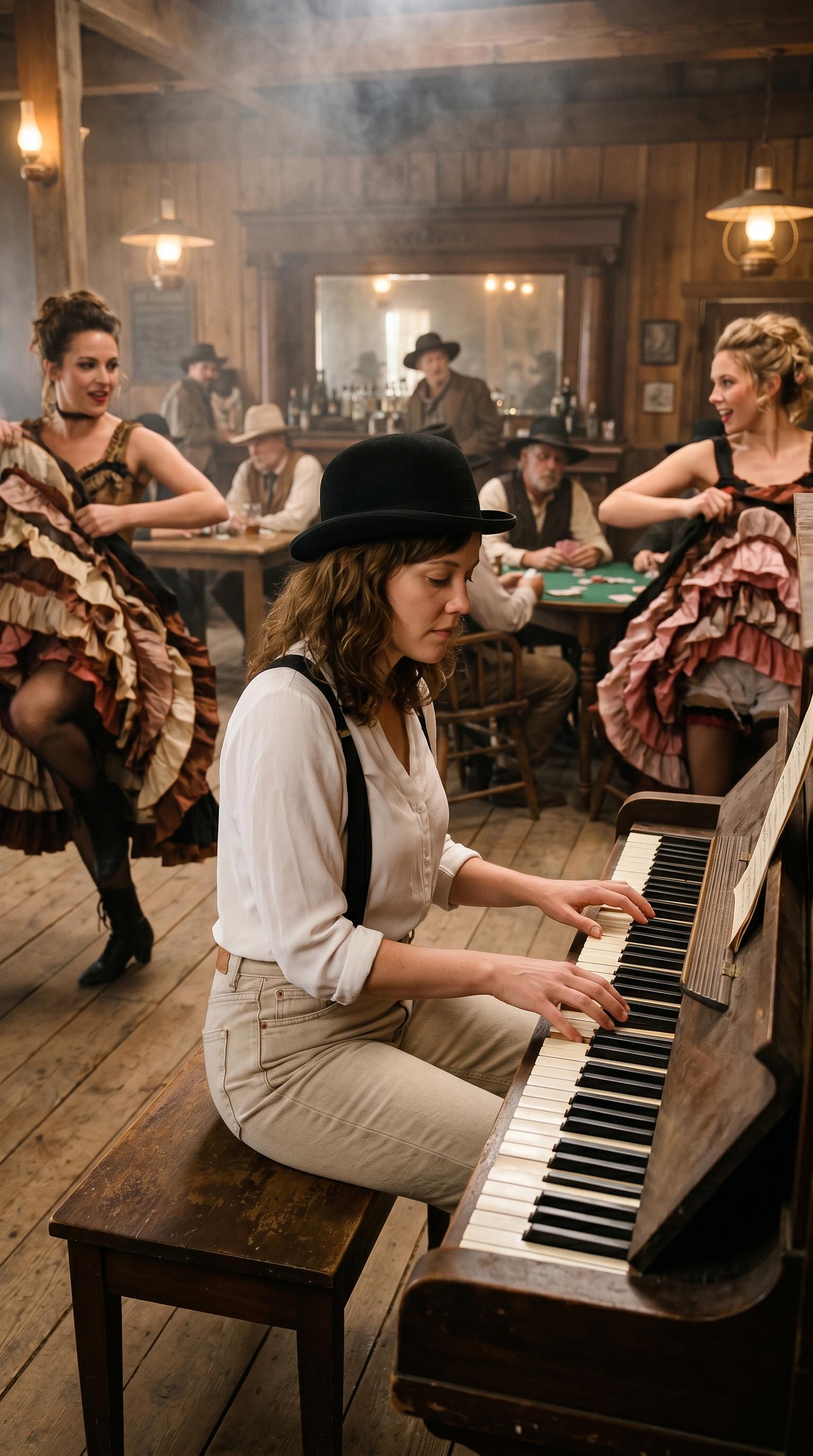 A hyperrealistic Old West saloon scene featuring can-can dancers in vibrant dresses, wooden interiors, and rustic decor.