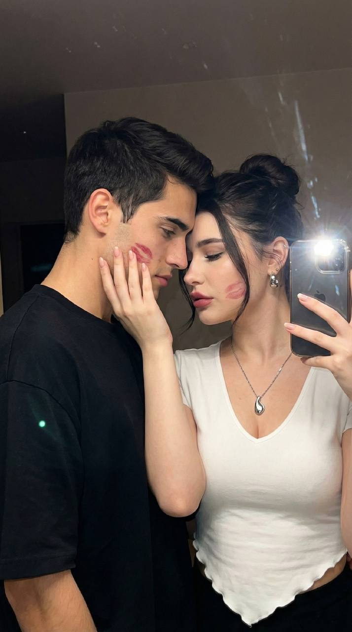 Photorealistic mirror selfie of a couple, showing intimacy with lipstick marks and soft lighting.