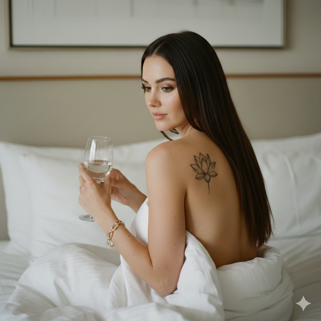 Realistic Hotel Bedroom Woman Wine Glass