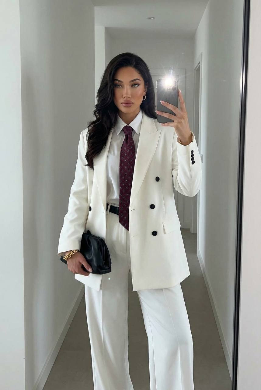 Realistic Woman White Blazer Mirror Selfie