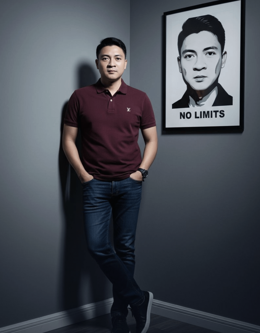 A man in a maroon polo and dark jeans leans against a wall in a room with dramatic lighting. A black and white portrait hangs nearby.