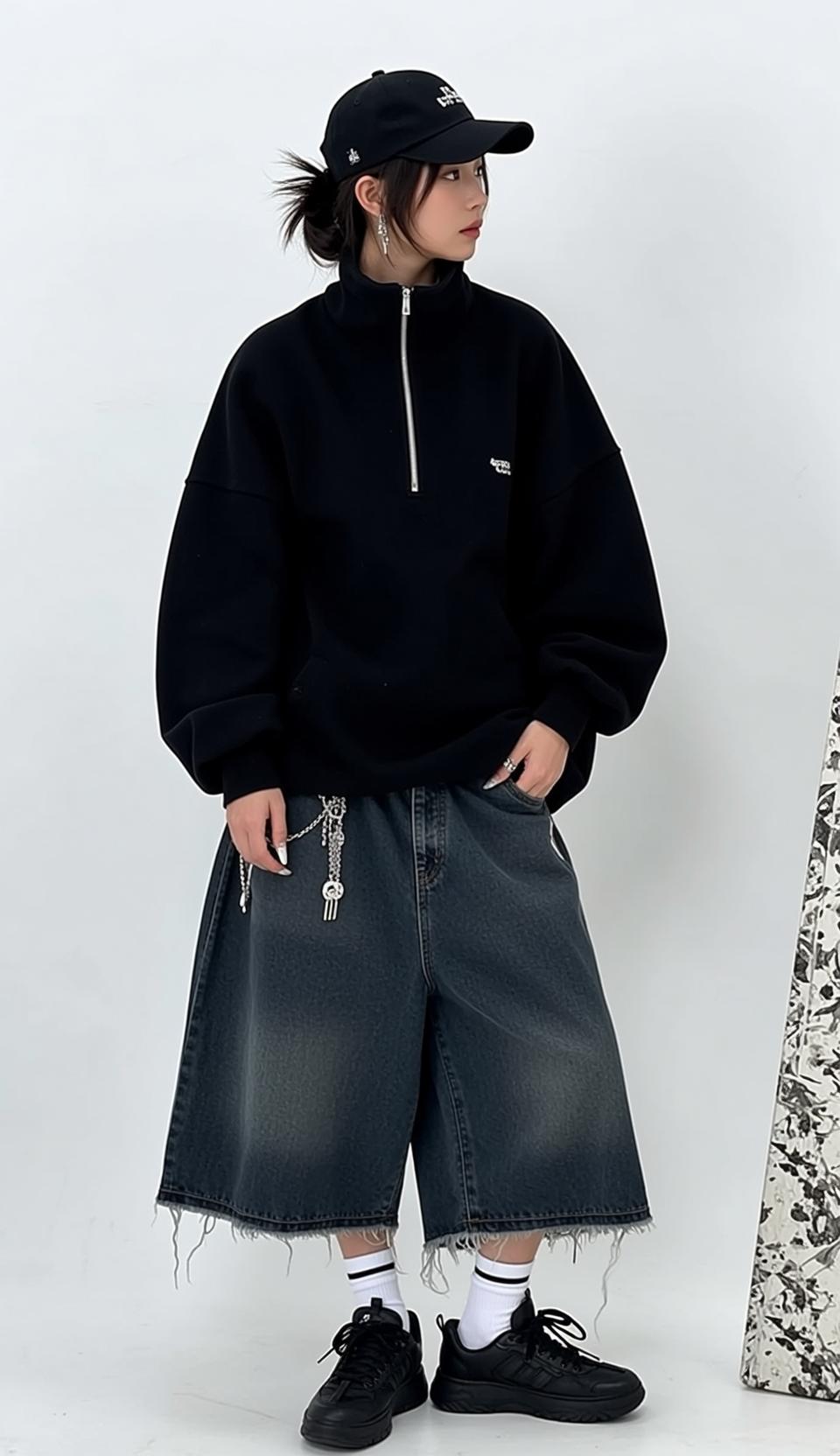 Black Quarter Zip and Denim Shorts Studio reference photo