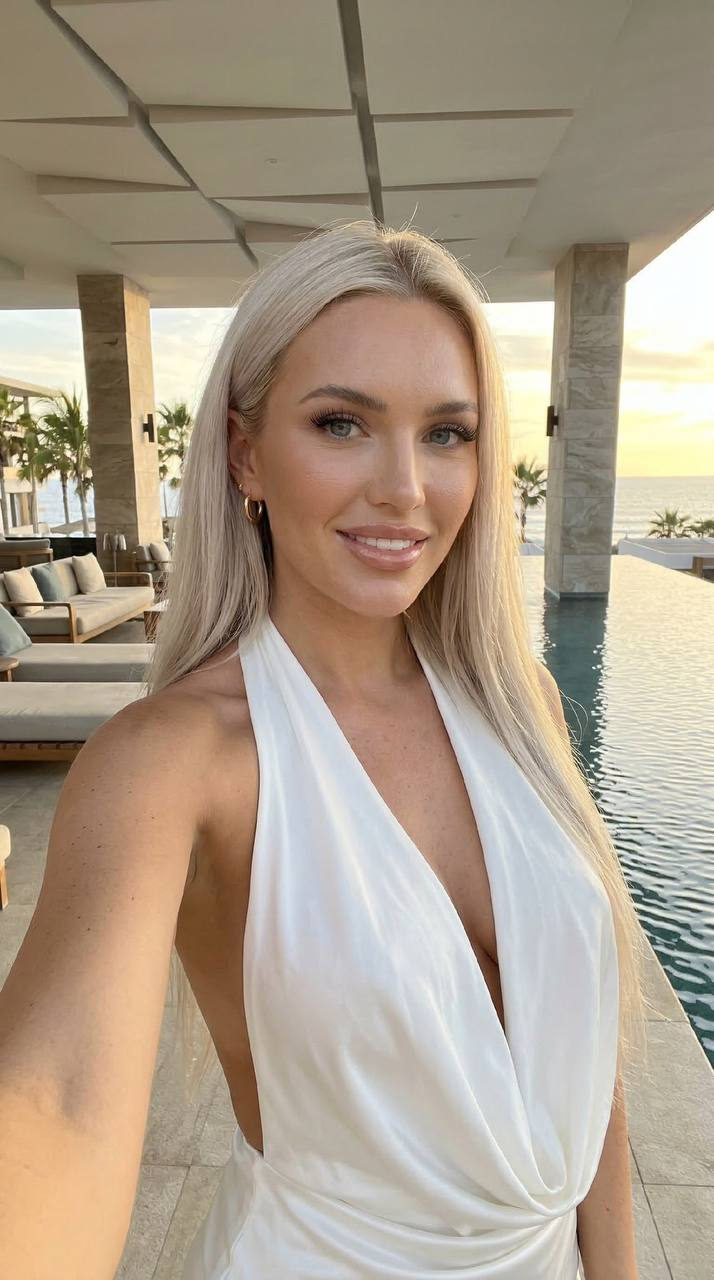 Luxury Resort Terrace Woman Selfie Realistic