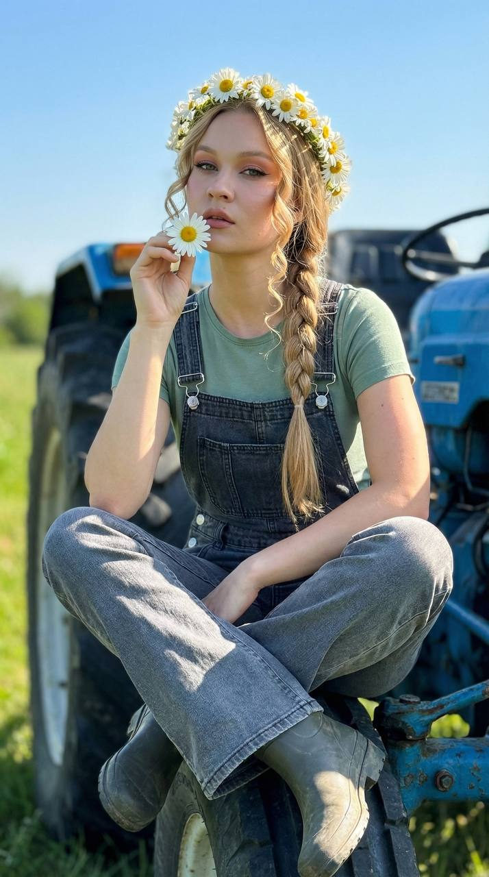 Girl Daisy Wreath Tractor Summer