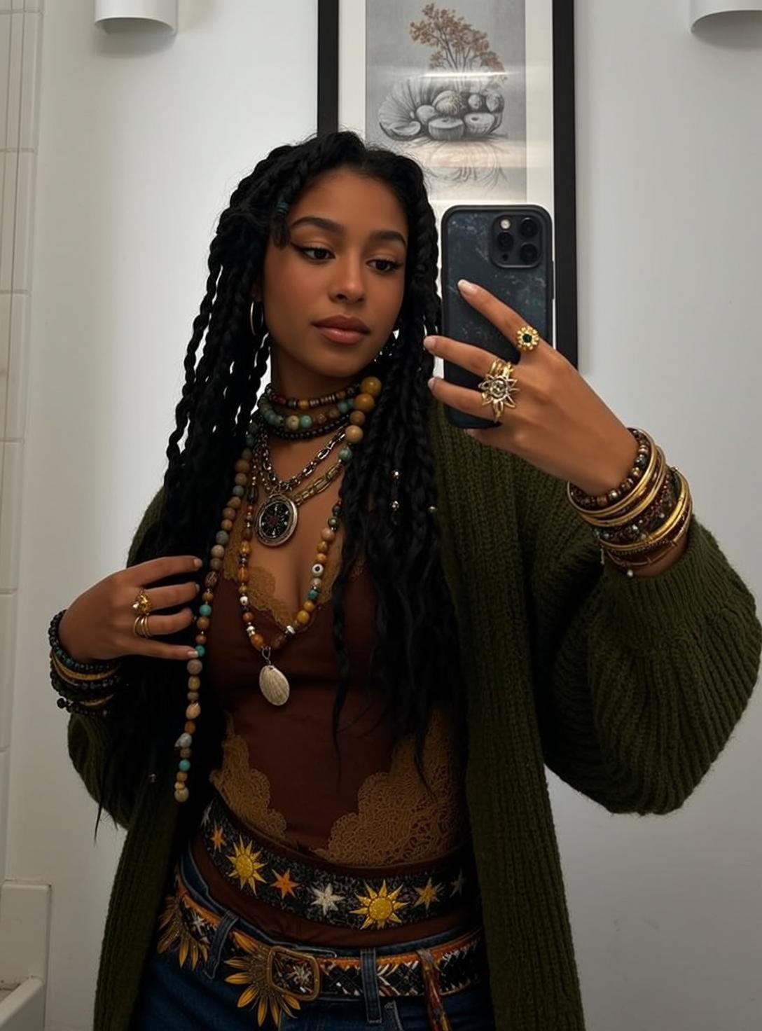 Bathroom Selfie Olive Green Cardigan reference photo