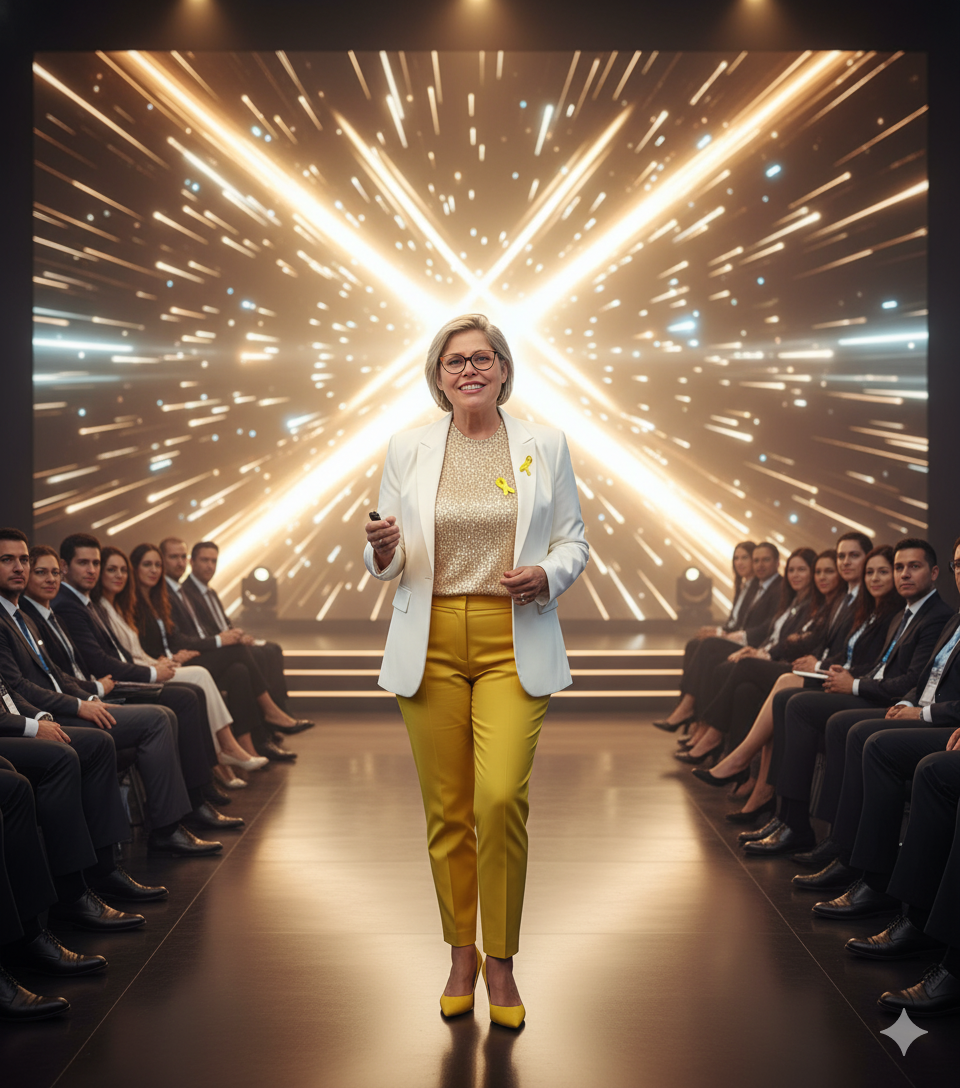 A confident middle-aged woman in a white blazer delivers an inspiring talk at a corporate conference, with a blurred audience behind her.