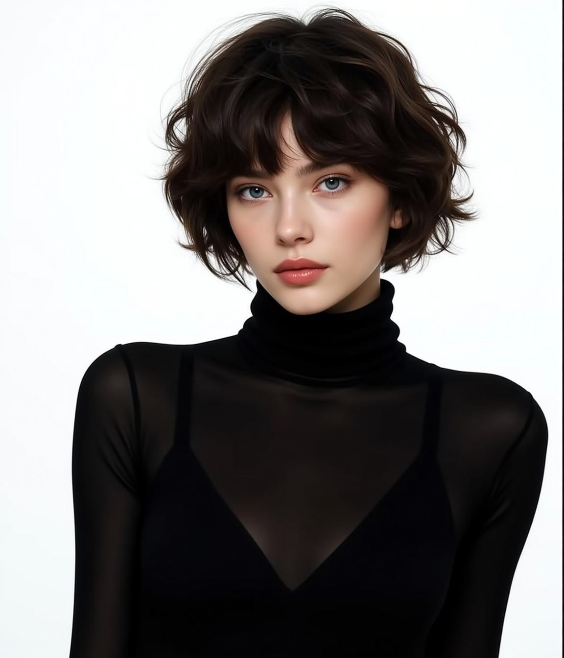 Sheer Turtleneck Studio Portrait Dark Wavy Hair reference photo