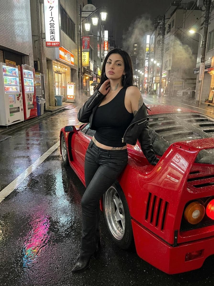 Red Ferrari Night City Street Woman Pose