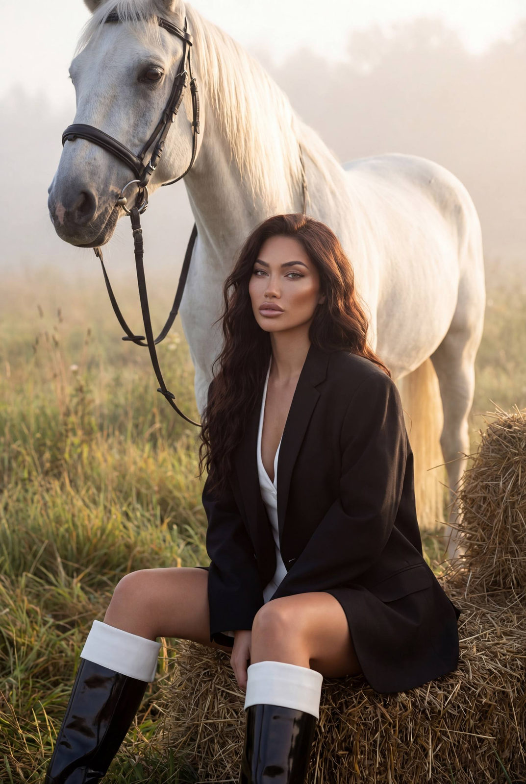 Foggy Countryside Hay Bale White Horse Luxury Fashion