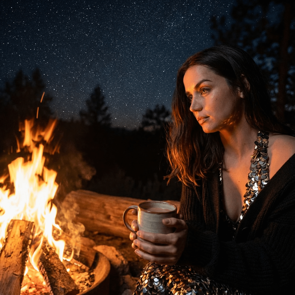 Woman Fire Coffee Night Stars Photorealistic