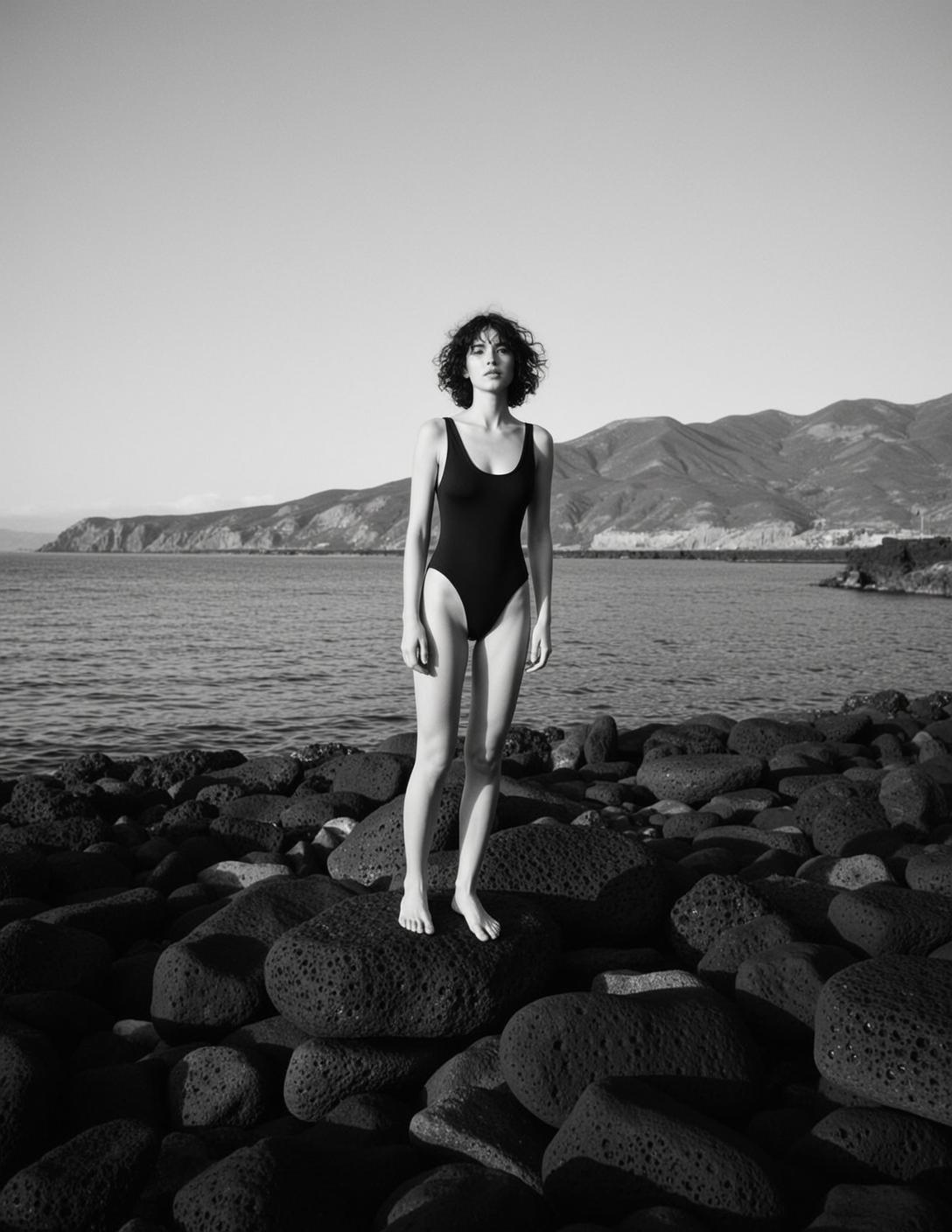 Full-body Vertical Black And White Photograph Captures Young Woman Standing reference photo