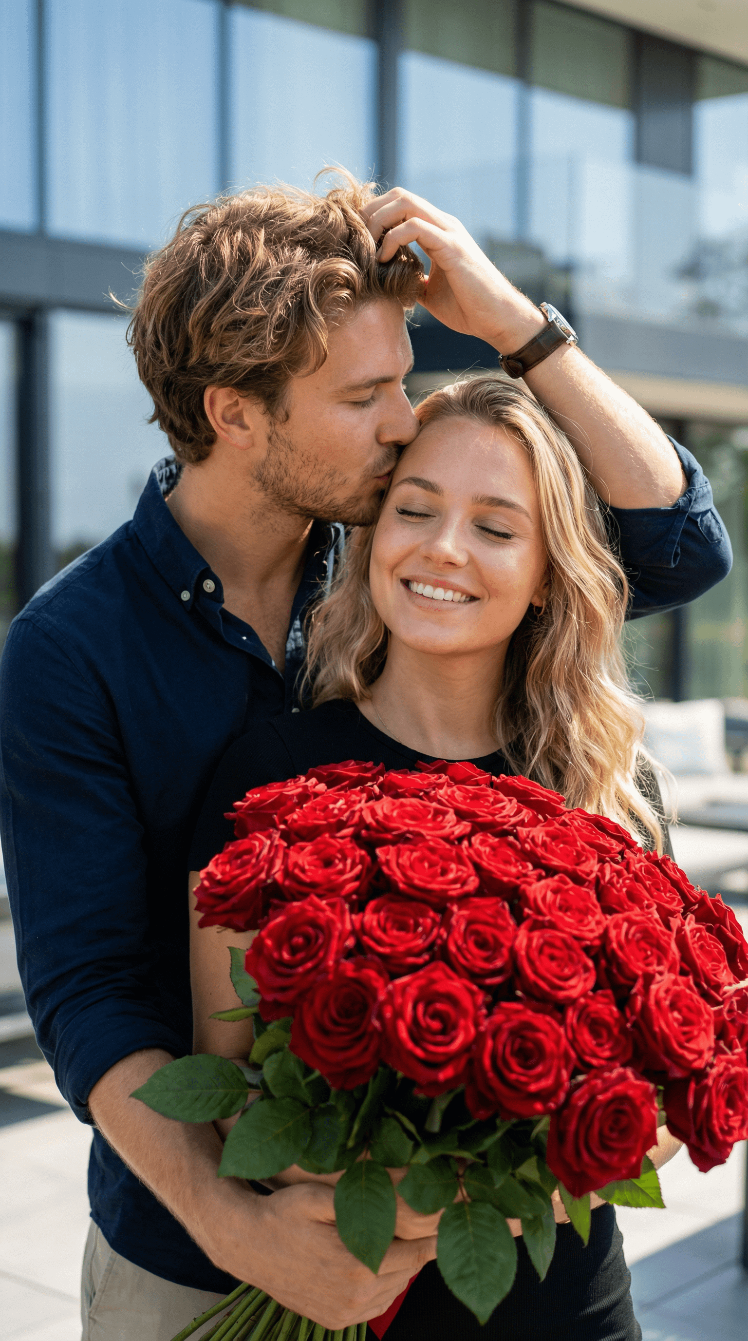 Realistic Couple Red Roses Building Background