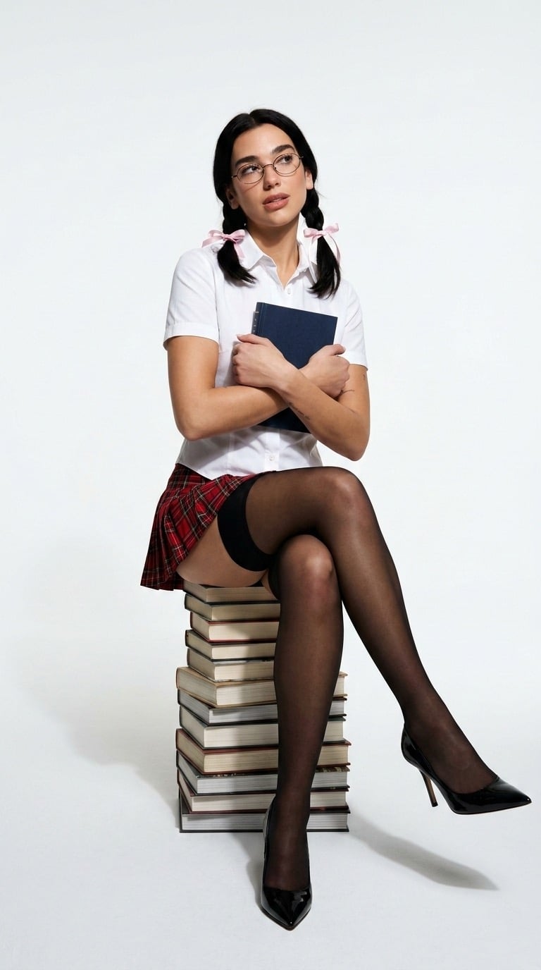 Girl Sitting On Books White Studio
