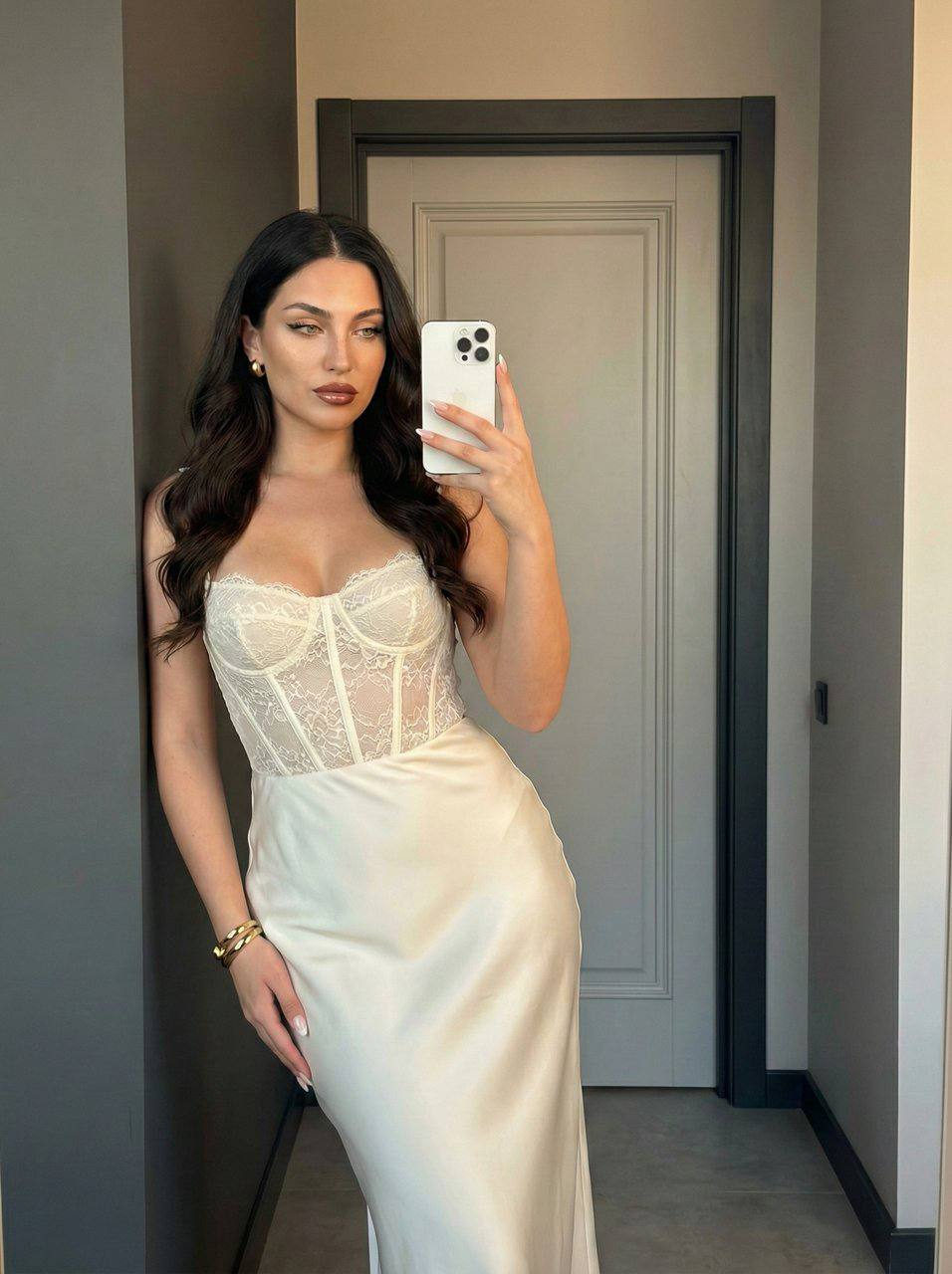 Realistic Ivory Lace Outfit Selfie Dark Wall