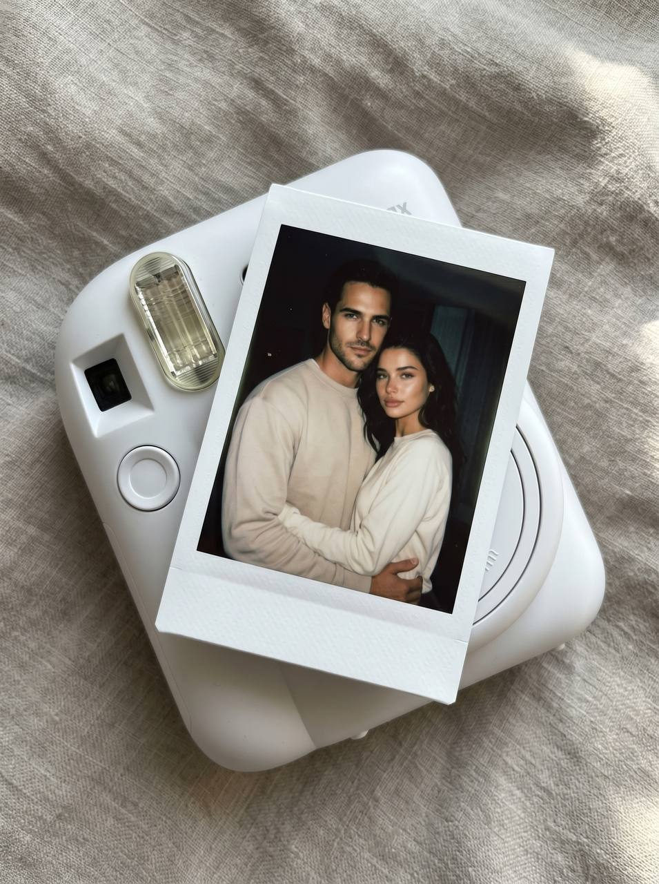 Polaroid Couple Intimate Pose Neutral Fabric Overhead