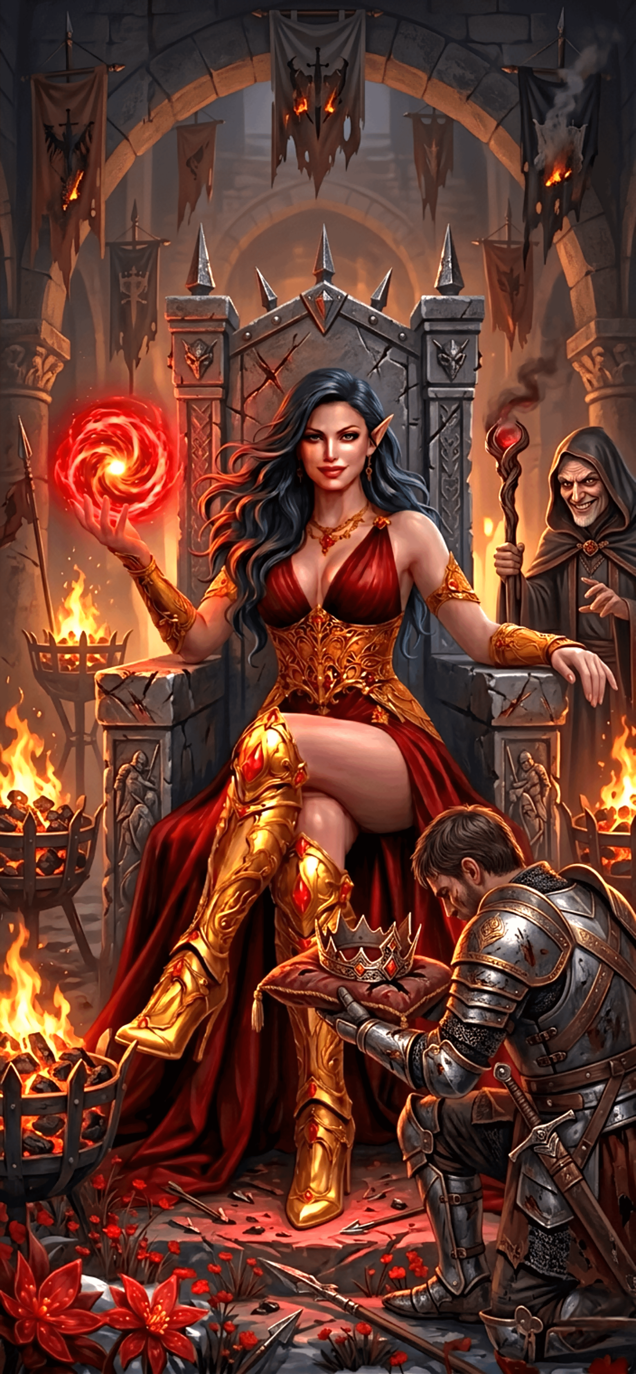 Regal Figure On Spiky Throne Stone Hall Red Energy Orb