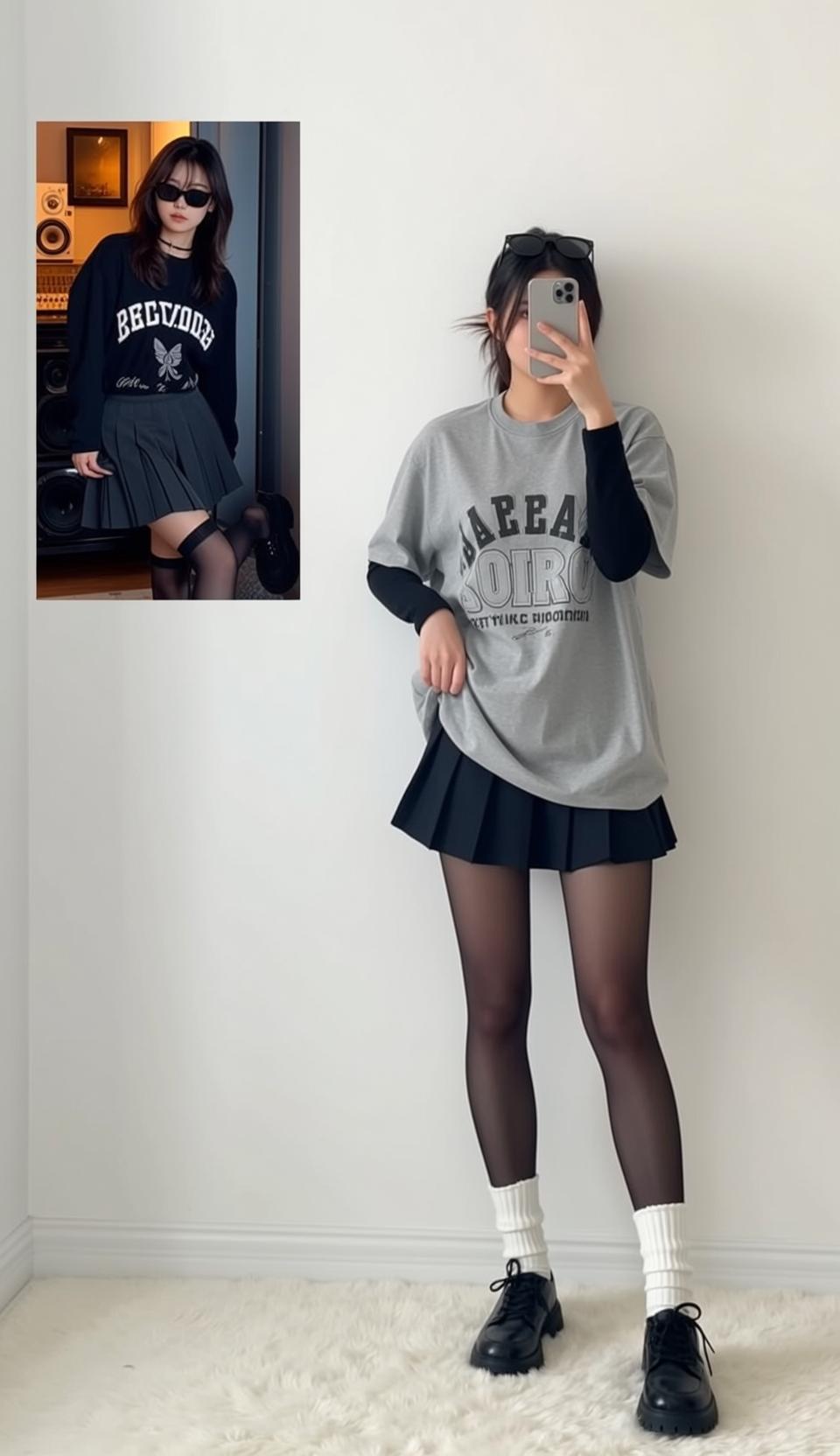 Grey Tee and Pleated Mini Skirt reference photo