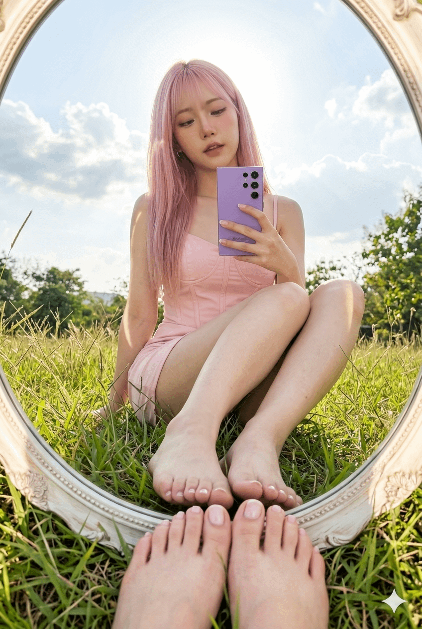 Photorealistic Outdoor Mirror Selfie In Sitting Cross Legged In Grassy