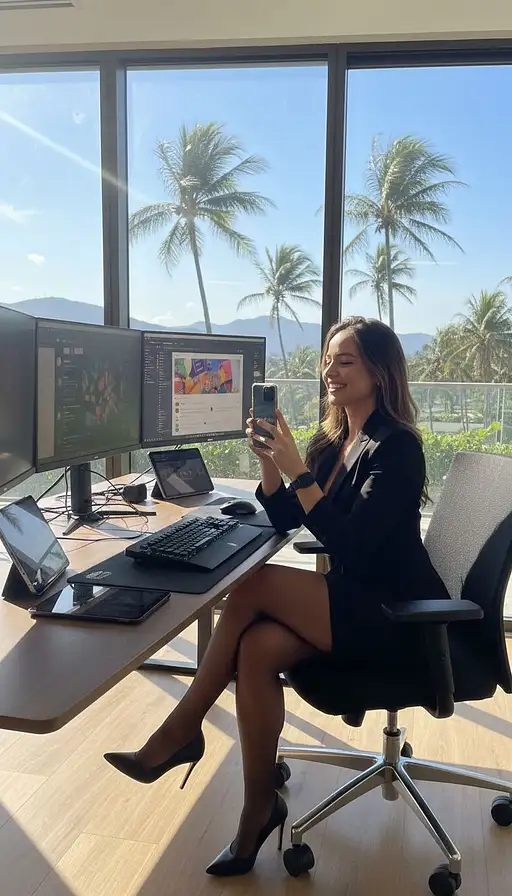 A cheerful young woman in a black suit smiling at her desk surrounded by tech gadgets and natural light from the window.