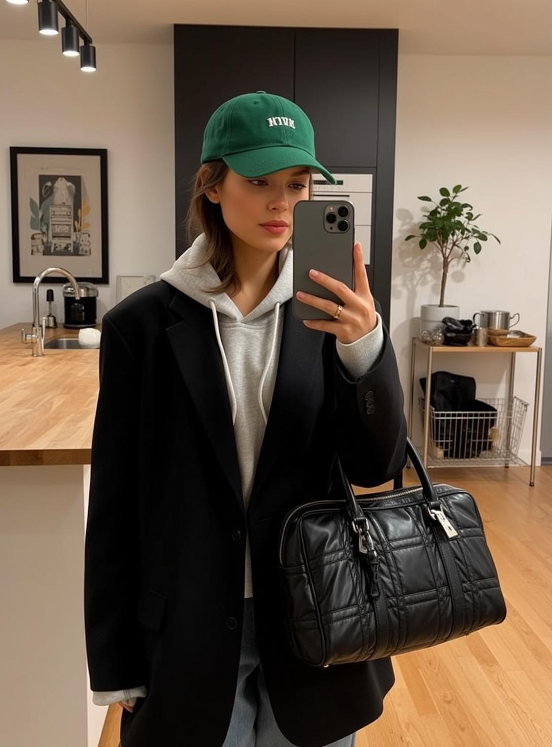 Green Cap Hoodie Blazer Selfie reference photo