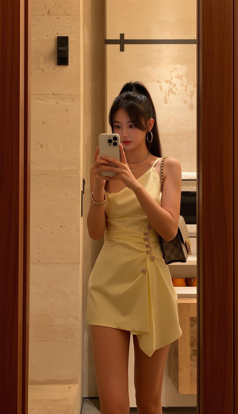 Yellow Slip Dress Mirror Selfie reference photo