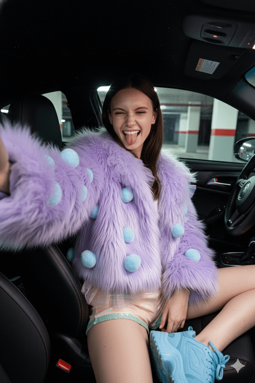 Sports Car Interior Selfie Blue Sneakers Cheeky Grin