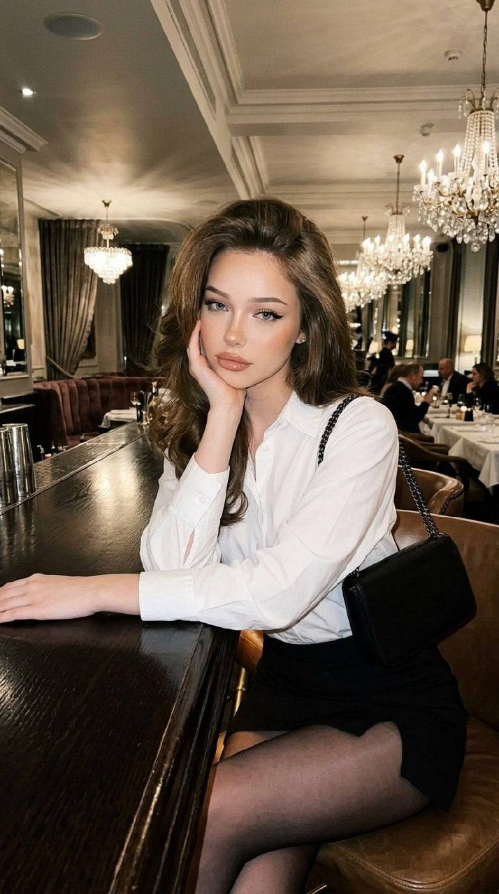 Girl White Shirt Black Skirt Luxury Restaurant Bar Counter