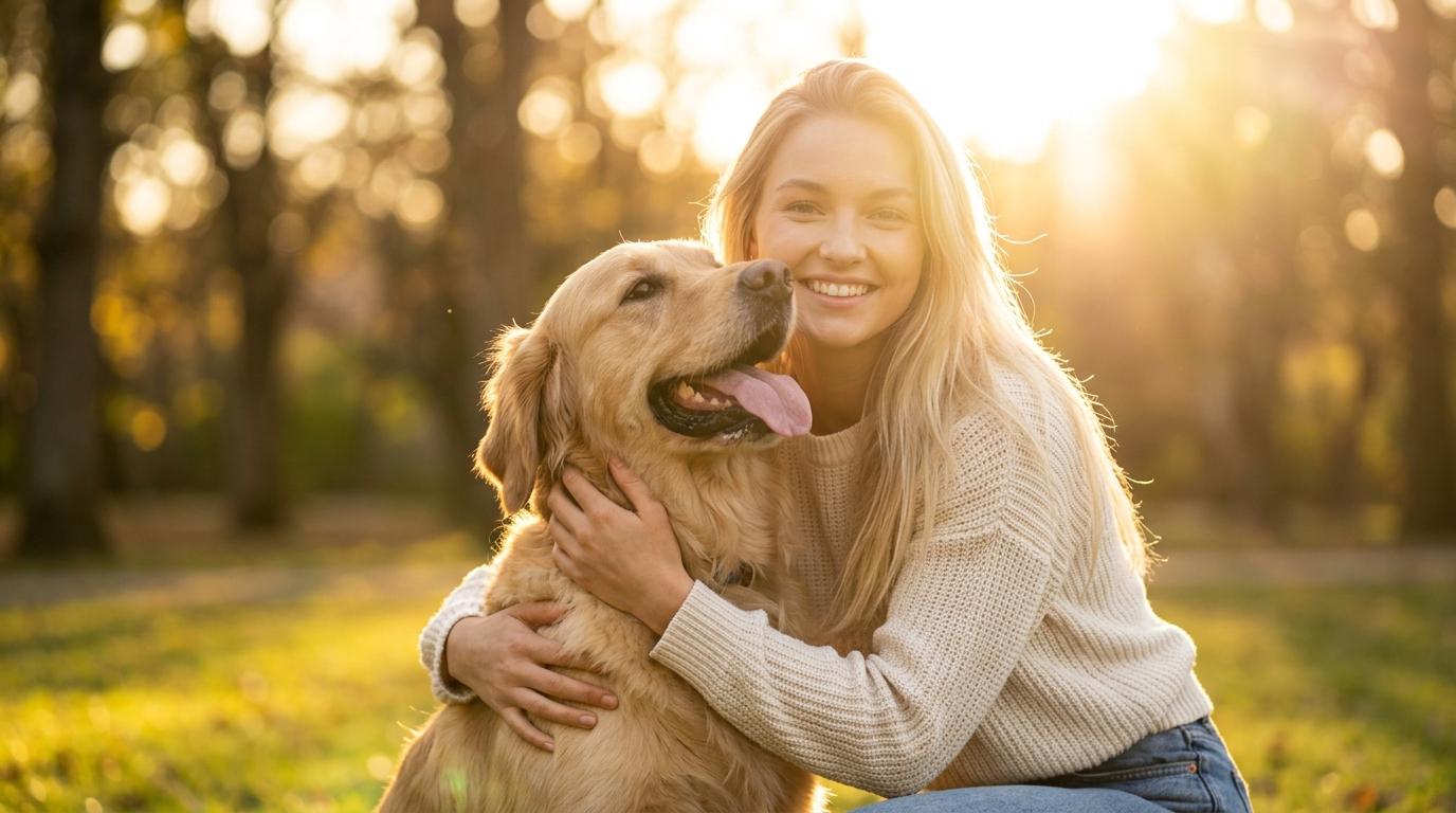 A woman in stylish attire sharing a joyful moment with her golden retriever in a sun-drenched park, highlighted by warm lighting.