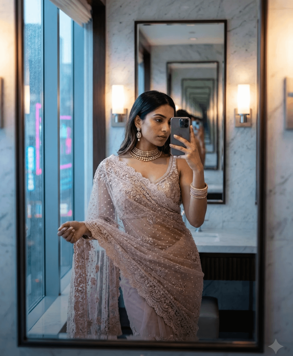 Saree Selfie Upscale Bathroom Pearl Jewelry