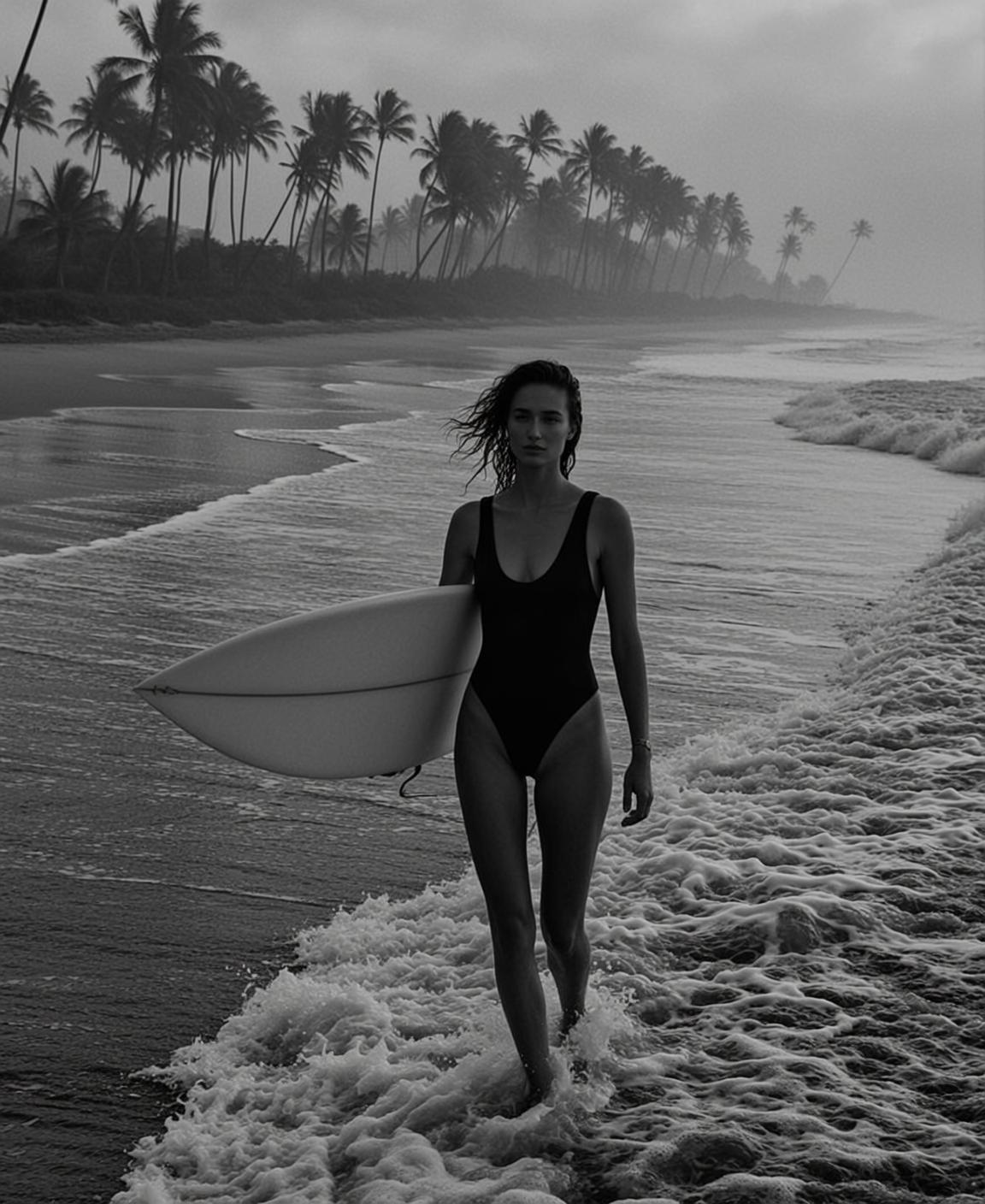 Young Woman With Wet Windblown Dark Hair Walks Along Beach reference photo