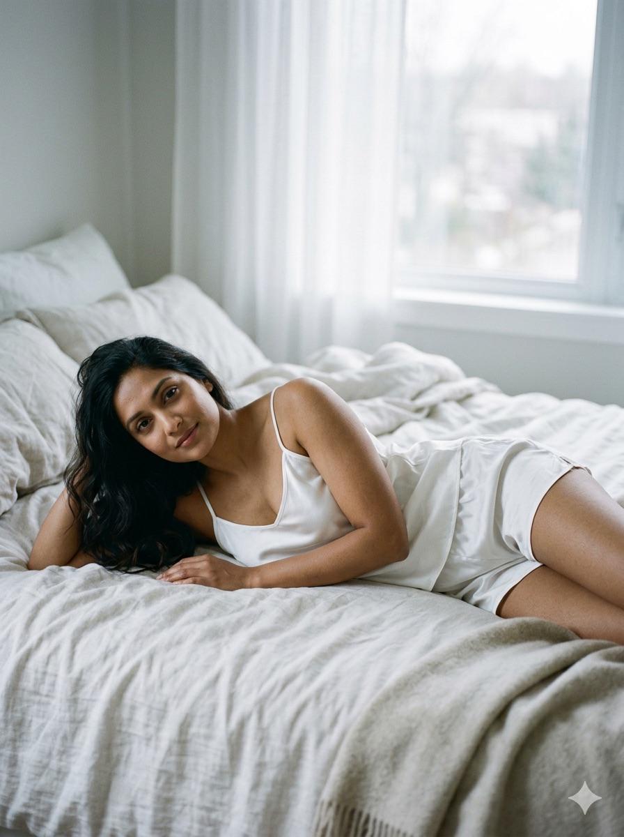A woman with olive skin and dark wavy hair lying on a cream bed, wearing a white satin slip dress, embraced by soft morning light.