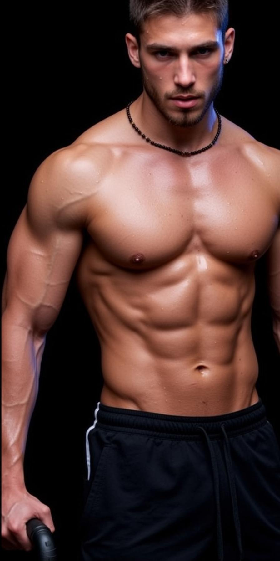 Muscular Short Brown Hair Tan Skin Sweat reference photo