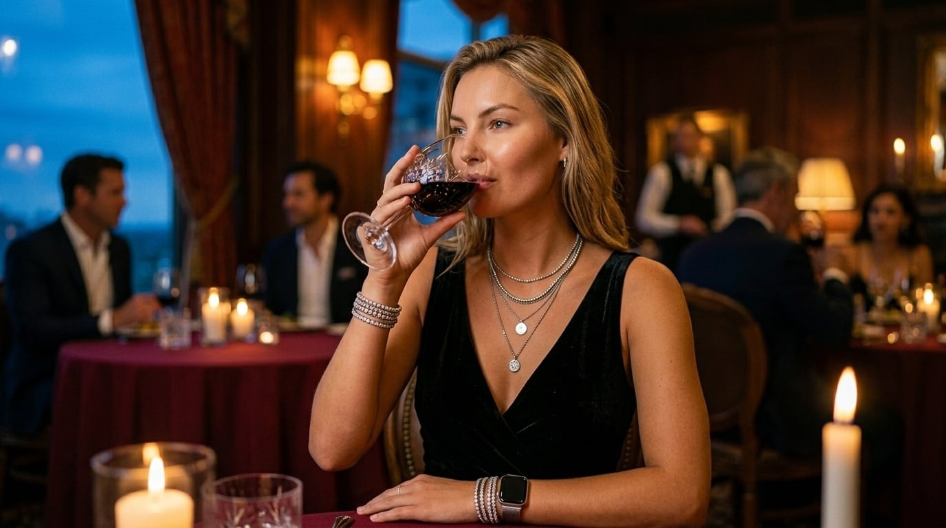 Woman in velvet gown sipping wine at an opulent restaurant, surrounded by candlelit chandeliers.