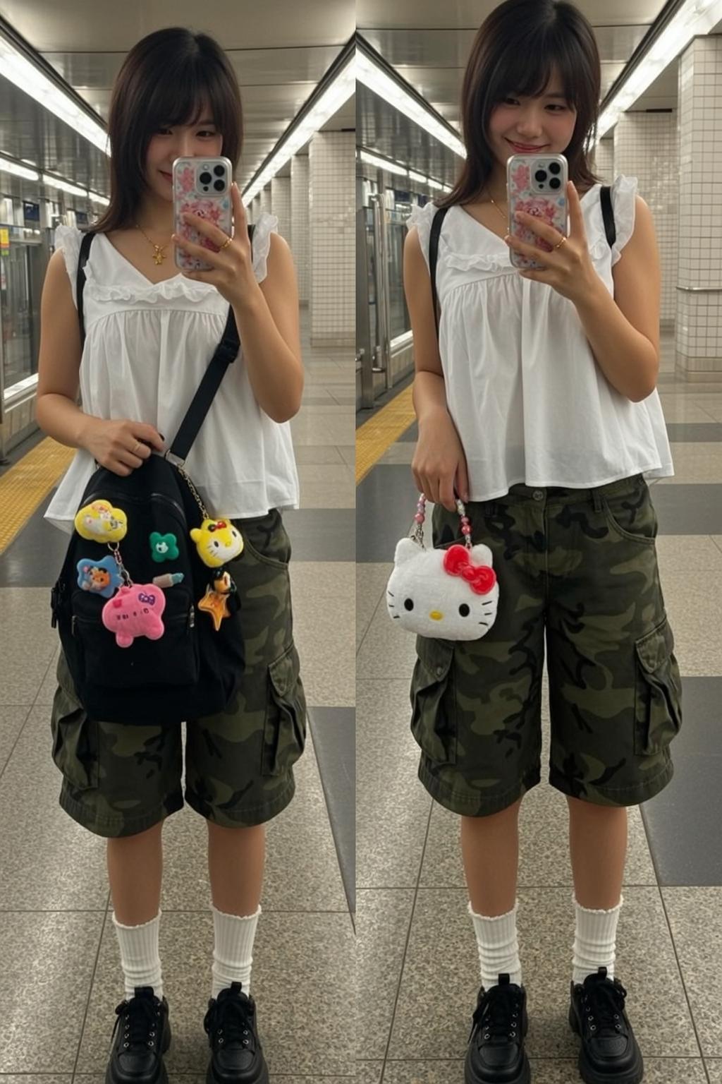 Subway Selfie Camo Shorts Outfit reference photo
